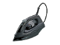 Dark grey steam iron with a textured handle and a temperature dial, on a black background.