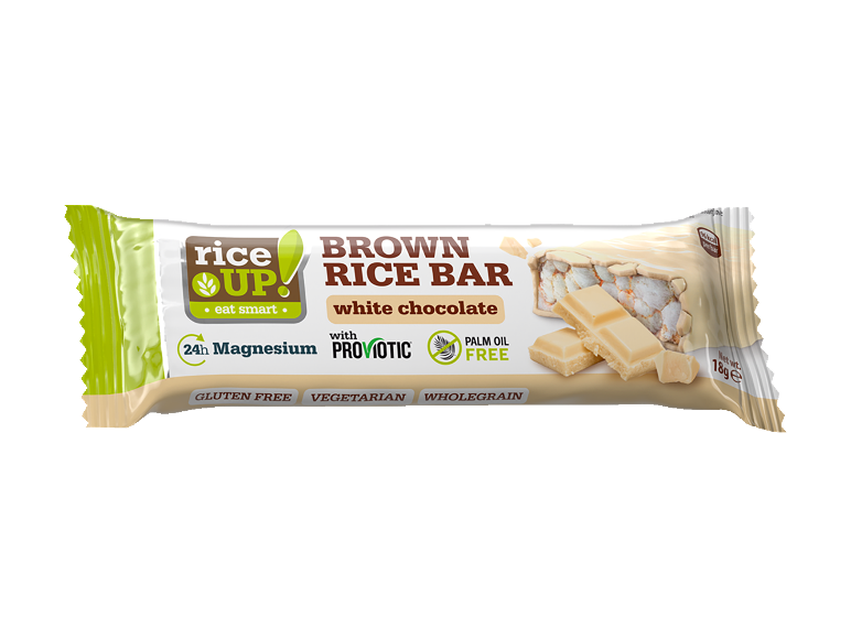 Brown rice bar with white chocolate, magnesium, and proviotic, gluten-free, vegetarian, wholegrain.