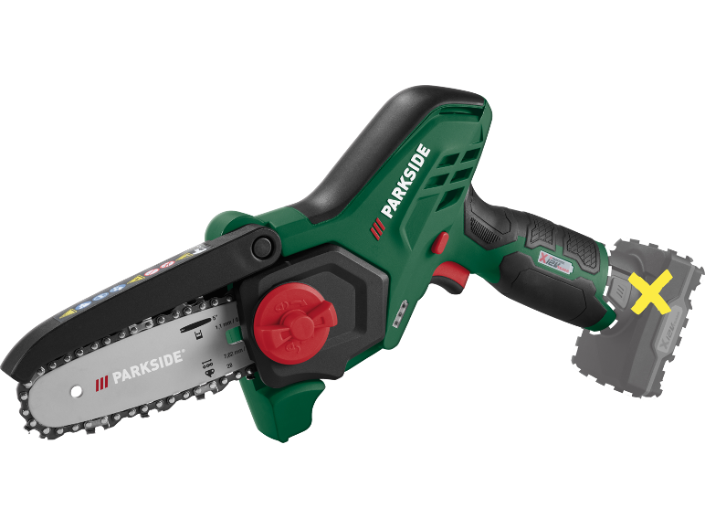 Cordless mini chainsaw with a red tensioning knob, without a battery