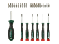A set of screwdrivers and various screwdriver bits, including flathead, Phillips, and Torx.