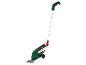 Electric grass trimmer with long handle and wheels, green and black.