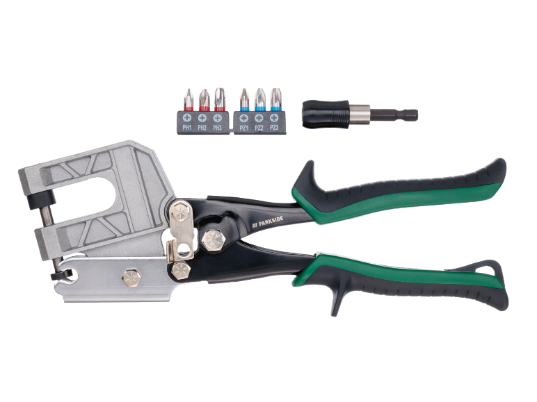 Rivet gun with screwdriver bits and bit holder.
