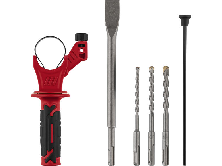 Rotary hammer accessory set with chisel, drill bits, and depth rod.