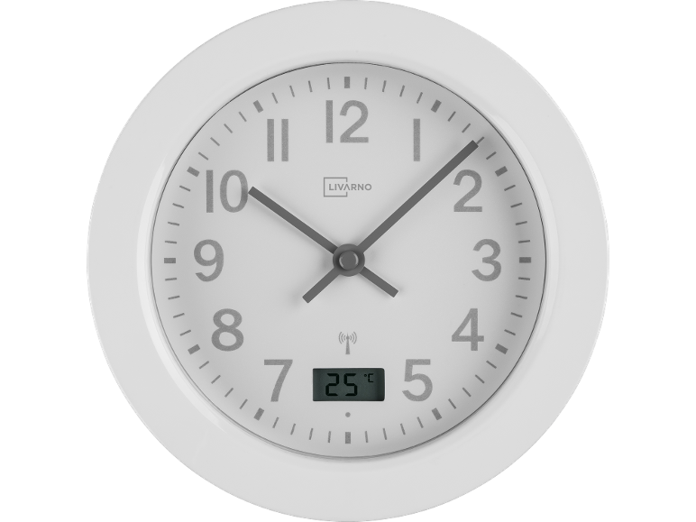 White round wall clock with analog display and digital temperature display showing 25°C