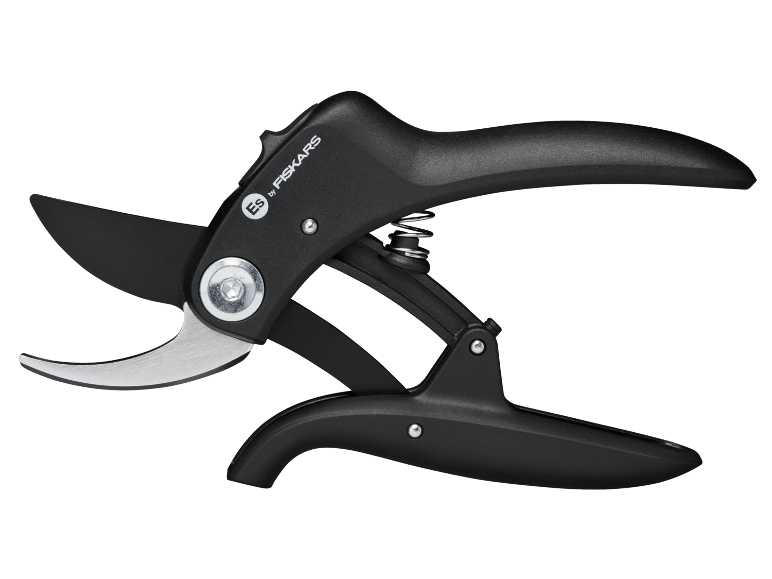 Black pruning shears with metal blades and a visible spring.