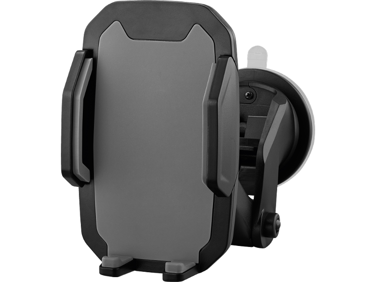 Black and grey car phone holder with a suction cup