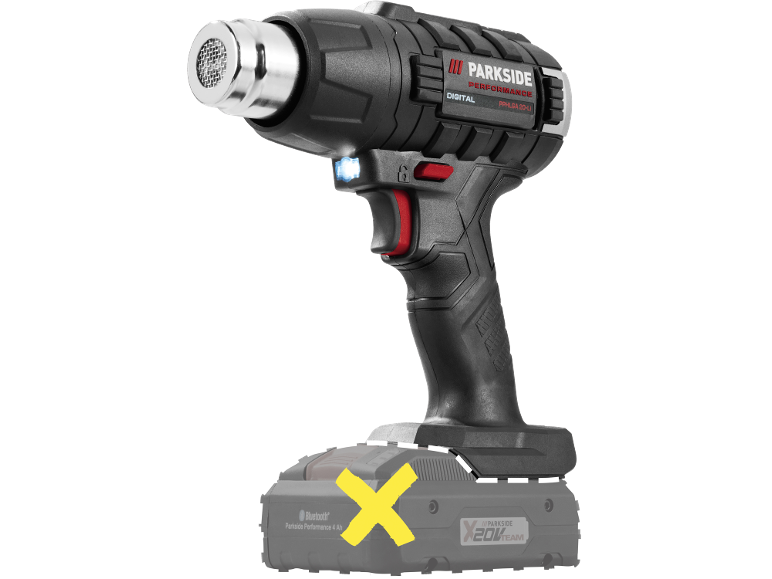 Cordless digital heat gun with 20V, 4 Ah battery.