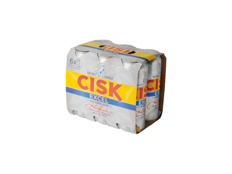 Six-pack of low-carb lager cans, 500ml each, 4.2% ABV.