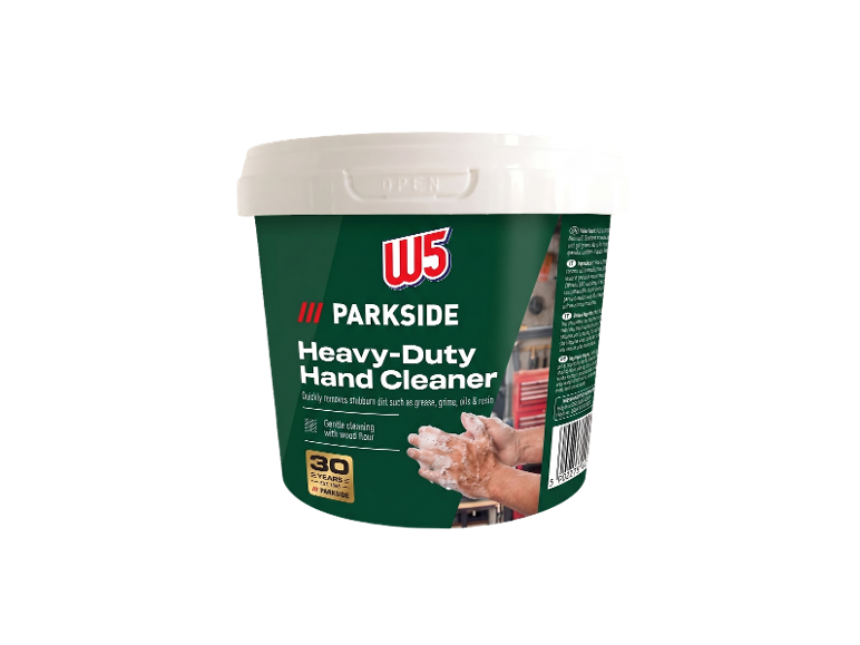 W5 Parkside Heavy-Duty Hand Cleaner with wood flour for removing grease, grime, oils, and resins.