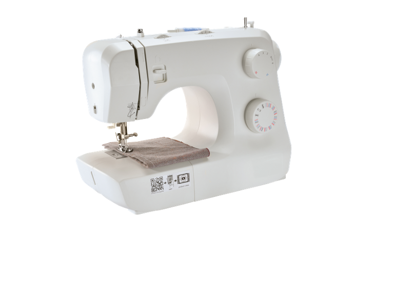 White sewing machine with fabric under the needle, featuring QR codes for a sewing guide and product video.