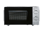 Black microwave oven with silver power and timer dials.