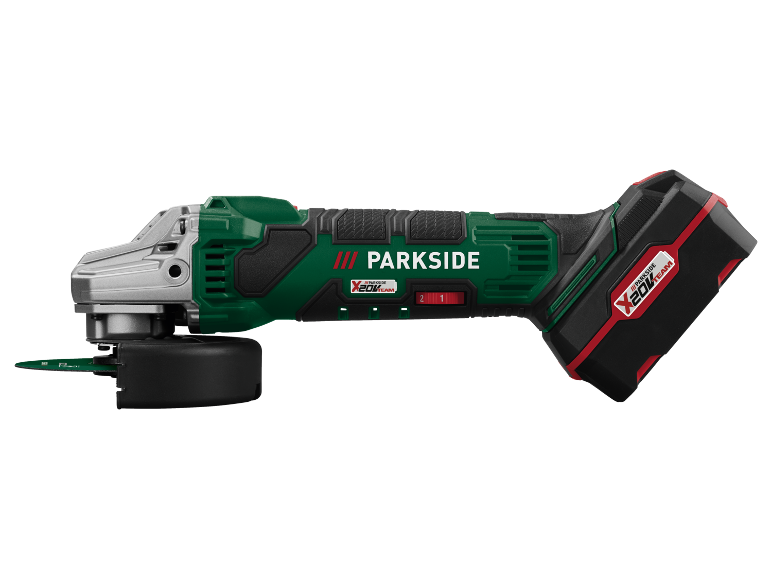 Cordless angle grinder with a disc and battery.