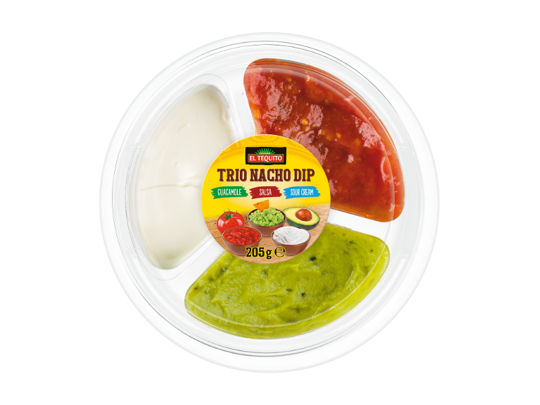 Nacho dip trio: guacamole, salsa, and sour cream in a round package.