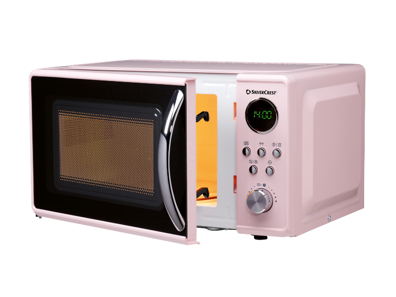 Pink microwave oven with an open door and a digital display showing 14:00.