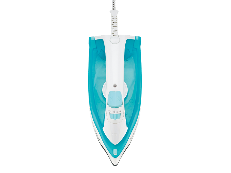 Turquoise and white steam iron with temperature control and steam buttons.