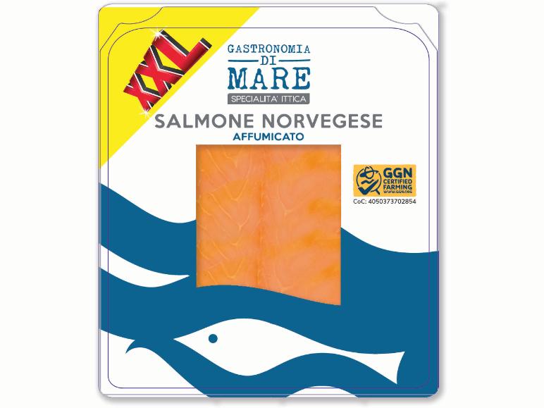 Norwegian smoked salmon packaging with blue and yellow design and fish illustrations.