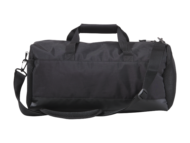Black sports bag with handles and a shoulder strap on a black background.