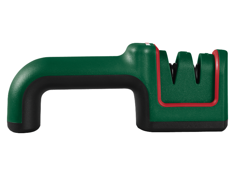 Green knife sharpener with a black handle and red accents.