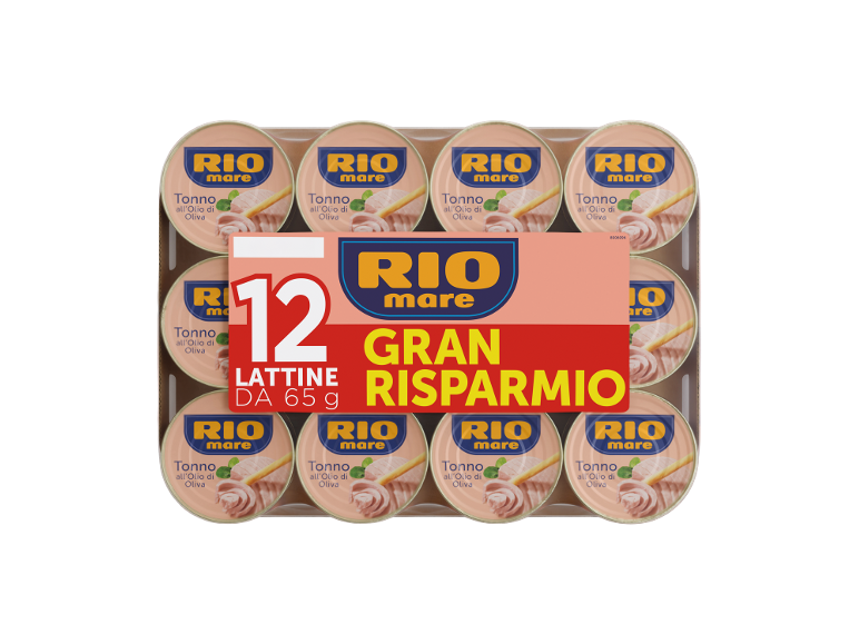 Pack of 12 cans of tuna in olive oil, 65g each, with the text 'Great Savings'.