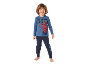 Smiling boy in blue long-sleeve top with superhero graphic and dark blue joggers.