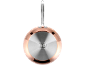 Copper frying pan with a stainless steel base and metal handle, viewed from underneath.