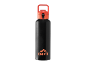 Black water bottle with an orange handle and a logo on the front.