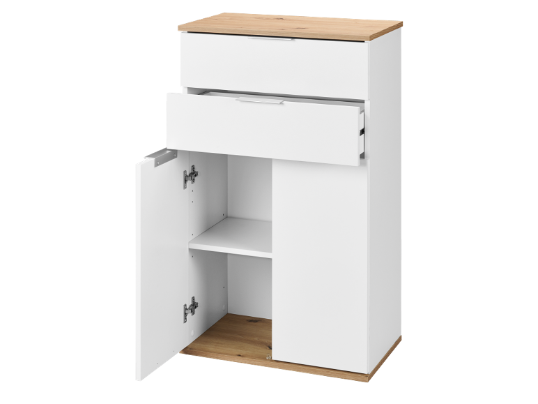 White and wood cabinet with two drawers and an open door revealing a shelf.