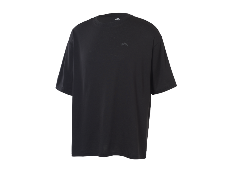 Black short-sleeved sports t-shirt with a small logo on the chest.