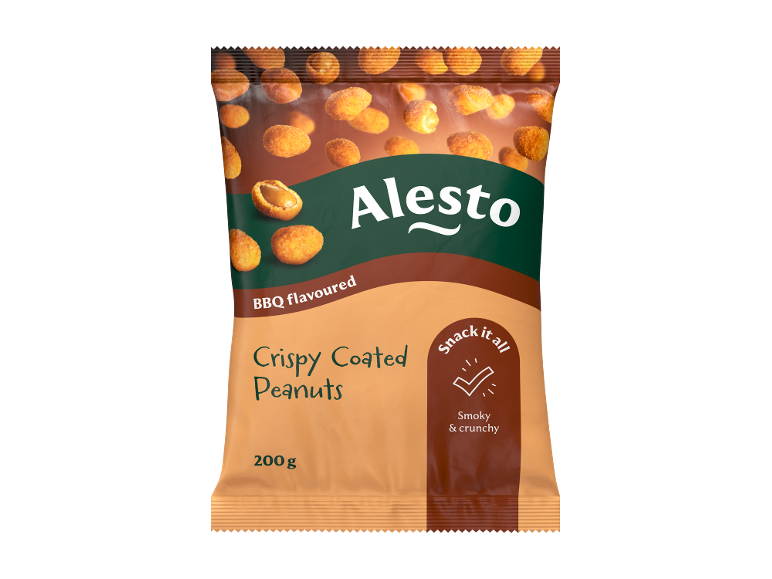 Bag of crispy coated peanuts with BBQ flavour, smoky and crunchy, 200g.