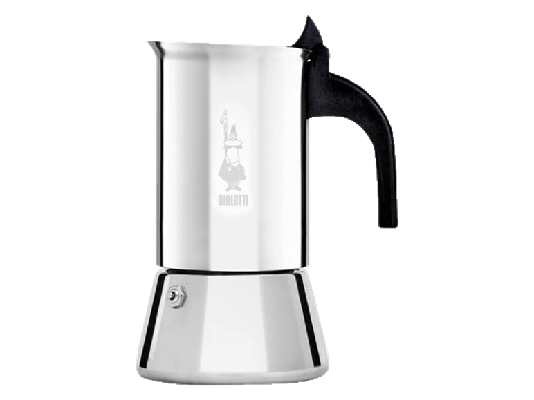 Stainless steel moka pot with a black handle.
