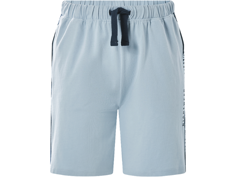 Light blue pajama shorts with a dark drawstring and 'NIGHTWEAR' text on the side.