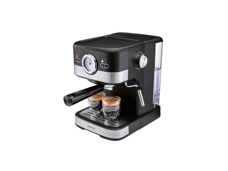 Black espresso machine with two cups of coffee, front view.