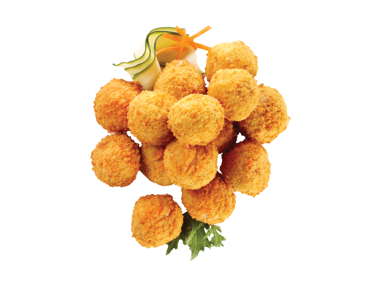 Golden brown potato croquettes with cucumber and carrot garnish.