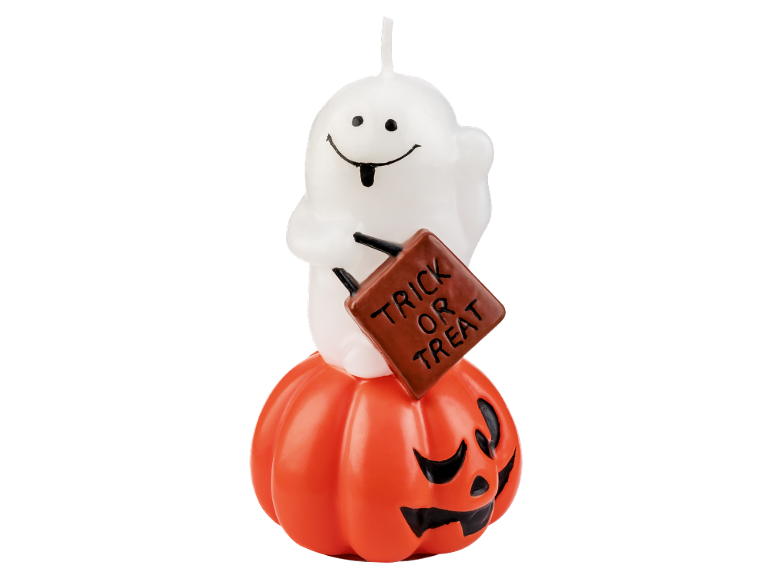 Halloween candle featuring a ghost holding a 'Trick or Treat' sign, sitting on a jack-o'-lantern.