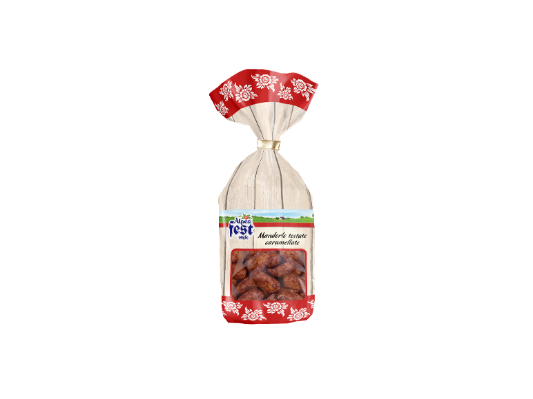 Packaging of caramelized almonds, decorated with red flowers and a wood grain pattern