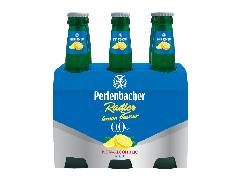 Six-pack of lemon-flavored beverage bottles, non-alcoholic, 0.0%.