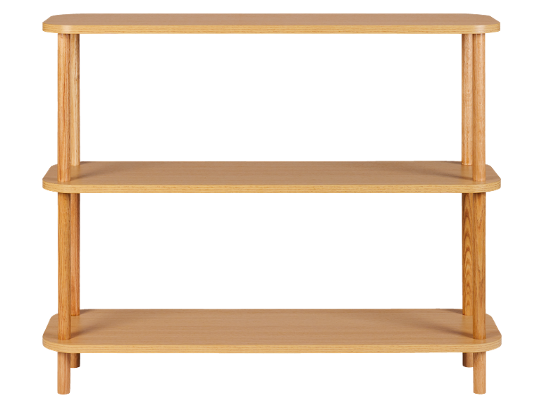 Light wooden shelf with three levels and rounded edges.