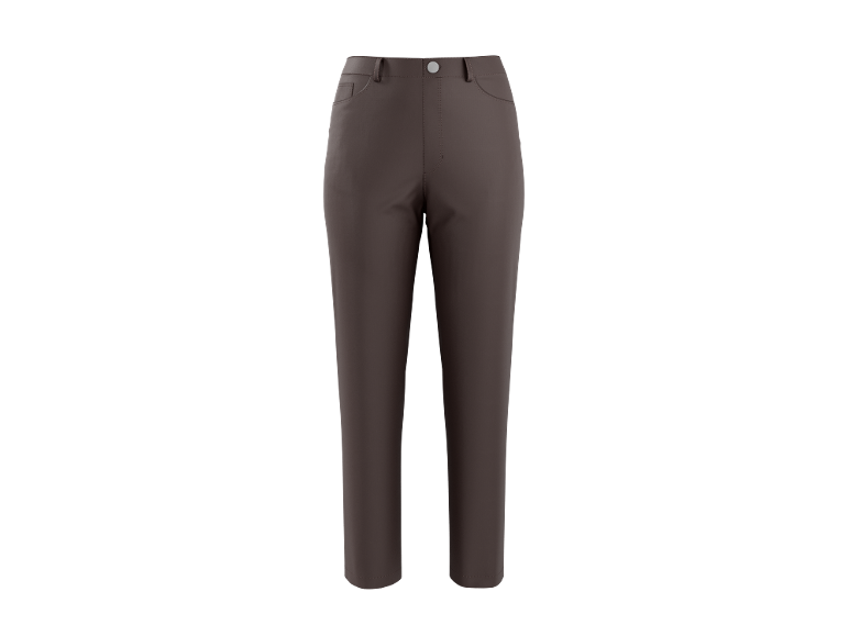 Dark brown women's trousers with straight legs and buttons.