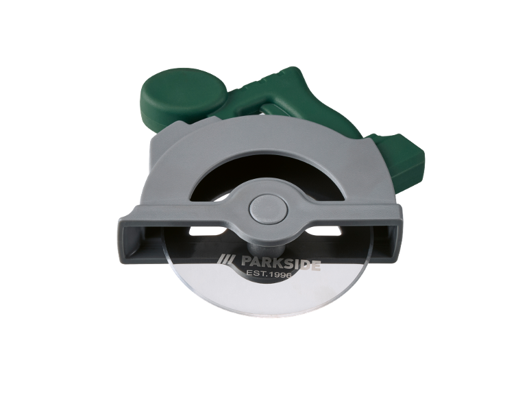 Green and grey pizza cutter designed like a circular saw, with text 'EST.1996'.