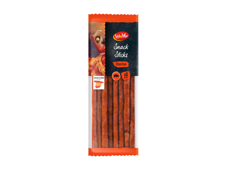 Pack of 8 Spanish chorizo snack sticks, featuring a flamenco dancer motif.