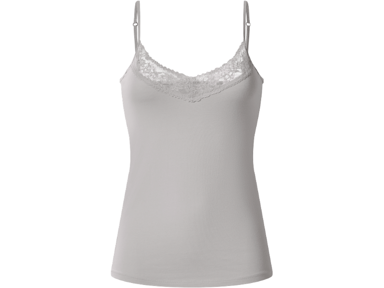 White camisole with spaghetti straps and lace details at the neckline.
