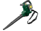 Cordless leaf blower with shoulder strap and two batteries.