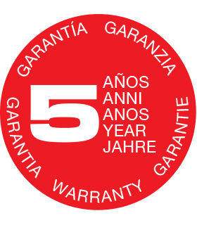 Red seal emblem with white number '5' and the words 'Garantía', 'Garanzia', 'Años', 'Anni', 'Anos', 'Year', 'Jahre', 'Garantie', 'Warranty'