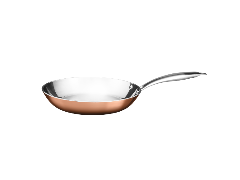 Copper frying pan with stainless steel interior and metal handle.