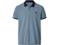Men's blue polo shirt with dark blue collar and cuffs, featuring a swordfish emblem.