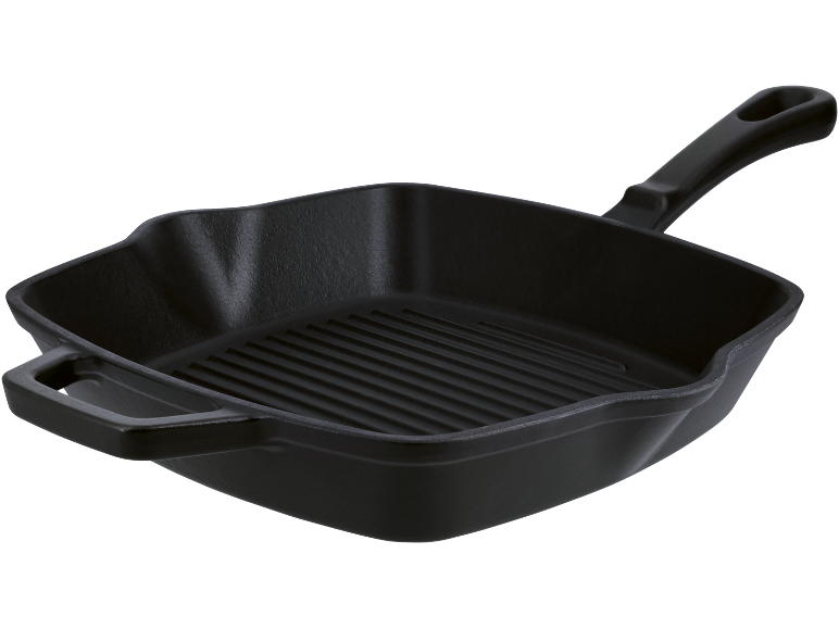 Black square cast iron grill pan with a ridged bottom and a handle.