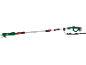 Telescopic pruning shears with a long handle and shoulder strap.