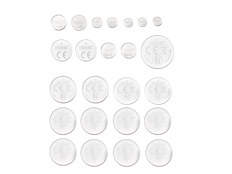 Lithium button cell batteries of various sizes, including CR2016, CR2025, CR2032, and CR2450.