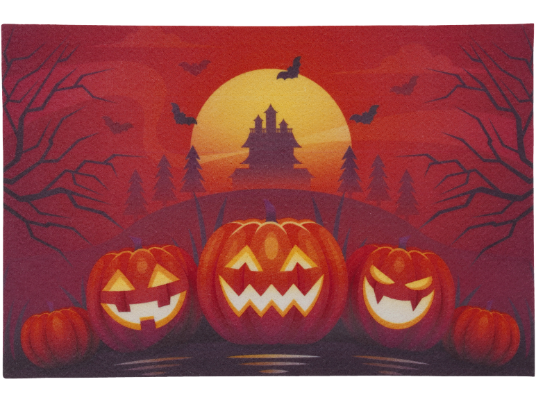 Halloween scene with carved pumpkins, a haunted house, bats, and trees under a full moon.