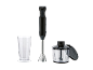 Black immersion blender with a measuring cup and a chopper attachment.